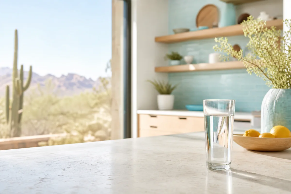 Sun-lit Arizona kitchen with a glass of crystal-clear water