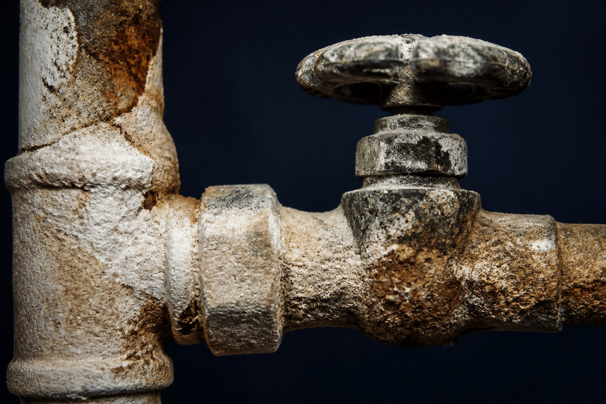 Pipe fitting encrusted with white and rust-colored hard water scale deposits